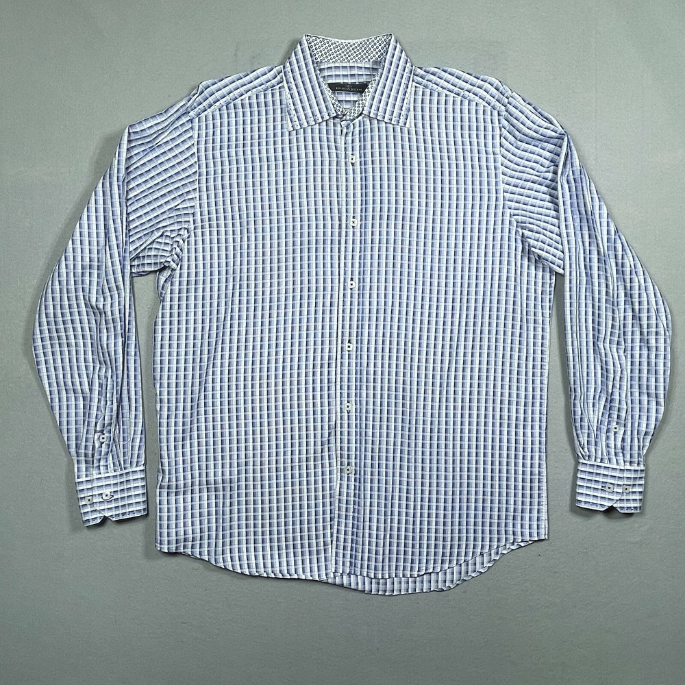 Bugatchi Uomo Button Down Shirt Men Large Long Sleeve Blue Plaid Casual